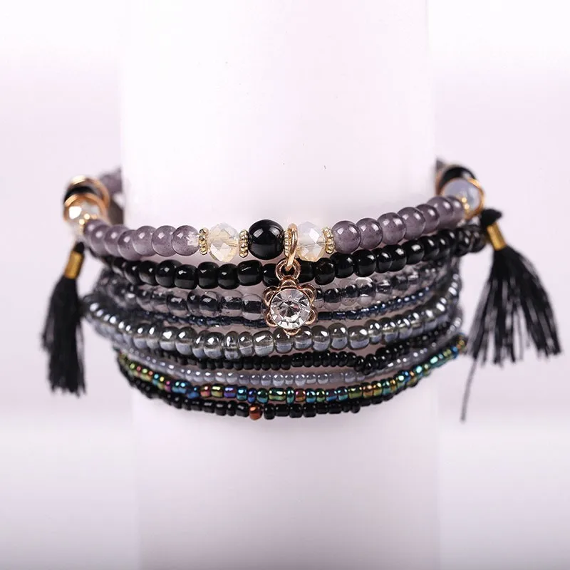 Богемные Многослойные конфетные цвета Кристалл бисер кисточка Charm Браслеты &amp