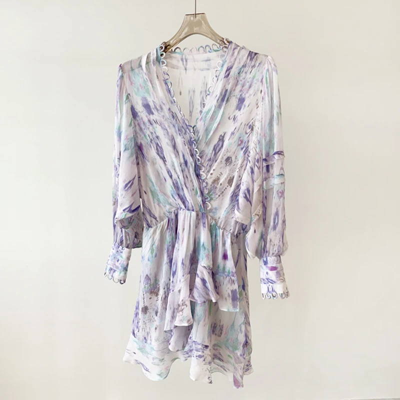 

High Quality Women Fashion Summer Elegant Sweet Foreign Style V-Neck Ruffled Long-Sleeved Dress