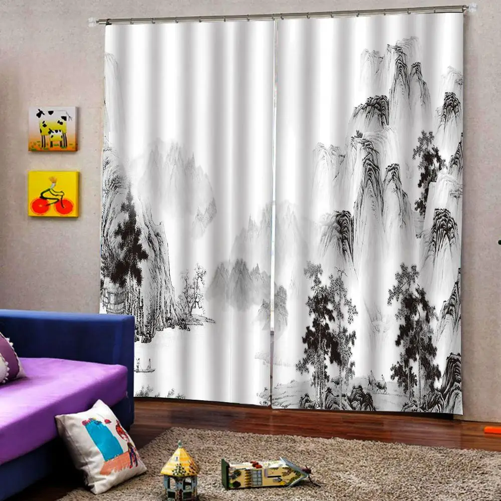 Рисование черные шторы с горным ландшафтом гостиная спальня декор 2 панели HooksWindow