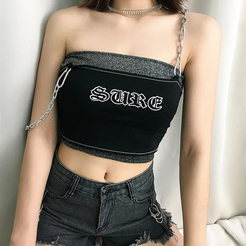 Женская футболка черная Готическая без бретелек Сексуальная уличная с буквенным