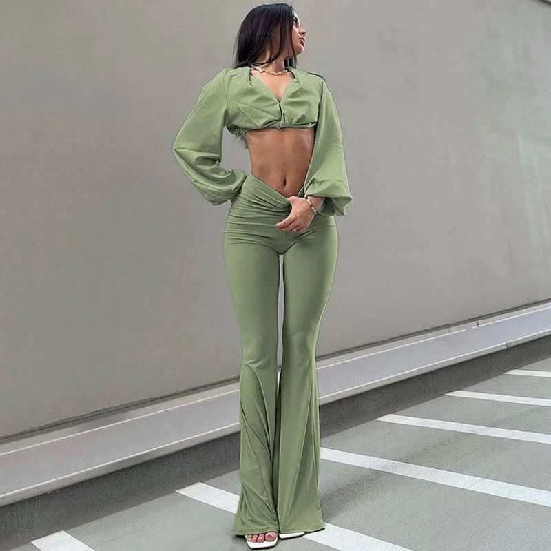 

Spring Autumn Women Flared Pants European American Ladies High Waist Sweatpants Three-dimensional Design Stretch Mopping Pants
