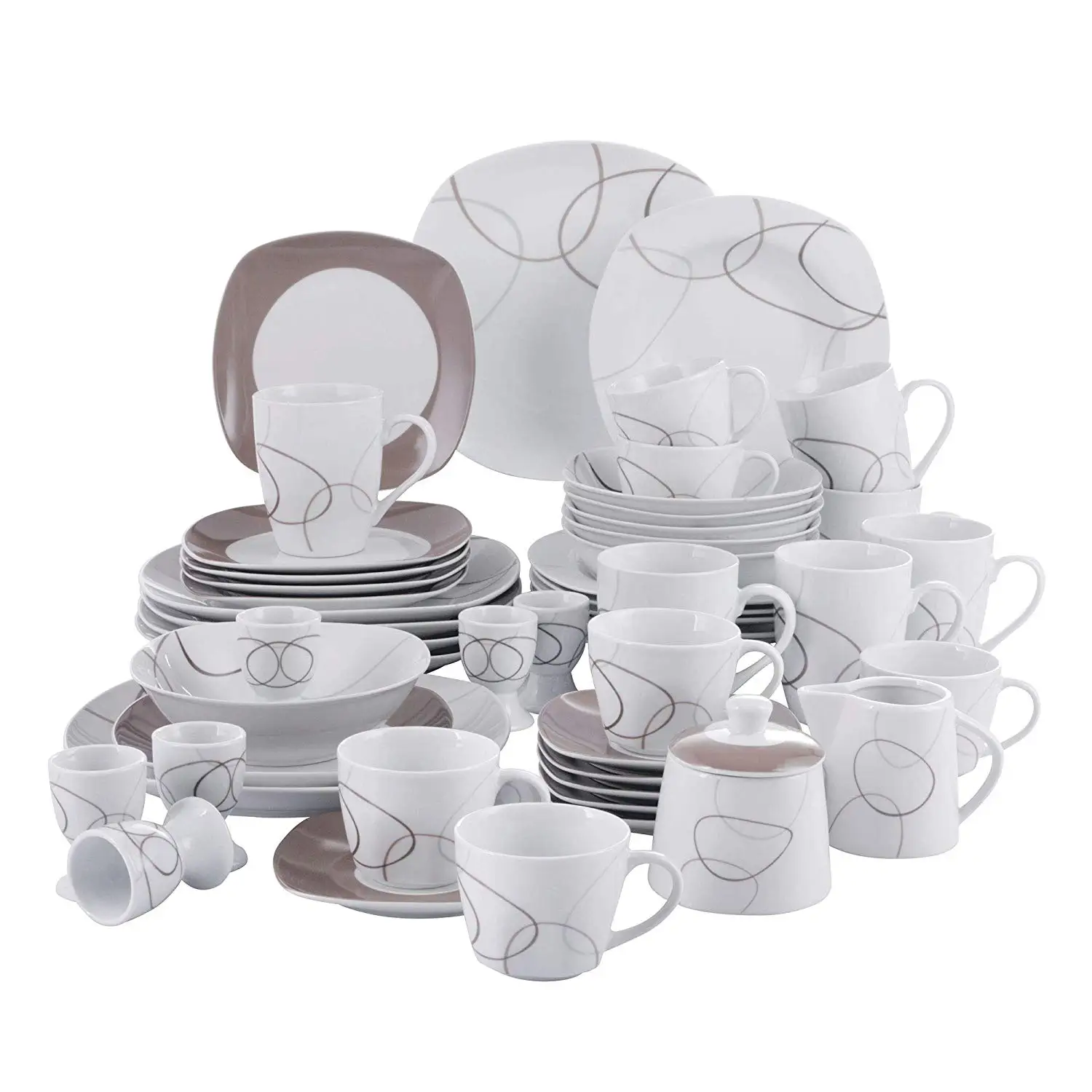 Verkauf VEWEET NIKITA 50-Stück Porzellan Geschirr Mit Ei Tasse, Tasse Und Untertasse, Tassen, Dessert & Suppe & Teller, Schüssel Set, Milch Krug & Zucker Topf