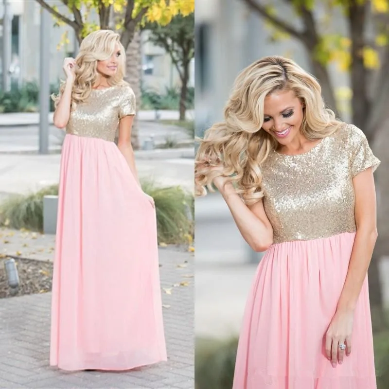 

Pink Chiffon Bridesmaid Dresses Sequined Top Vestidos De Novia Short Sleeves A Line Bride Party Maid of Honor Dress