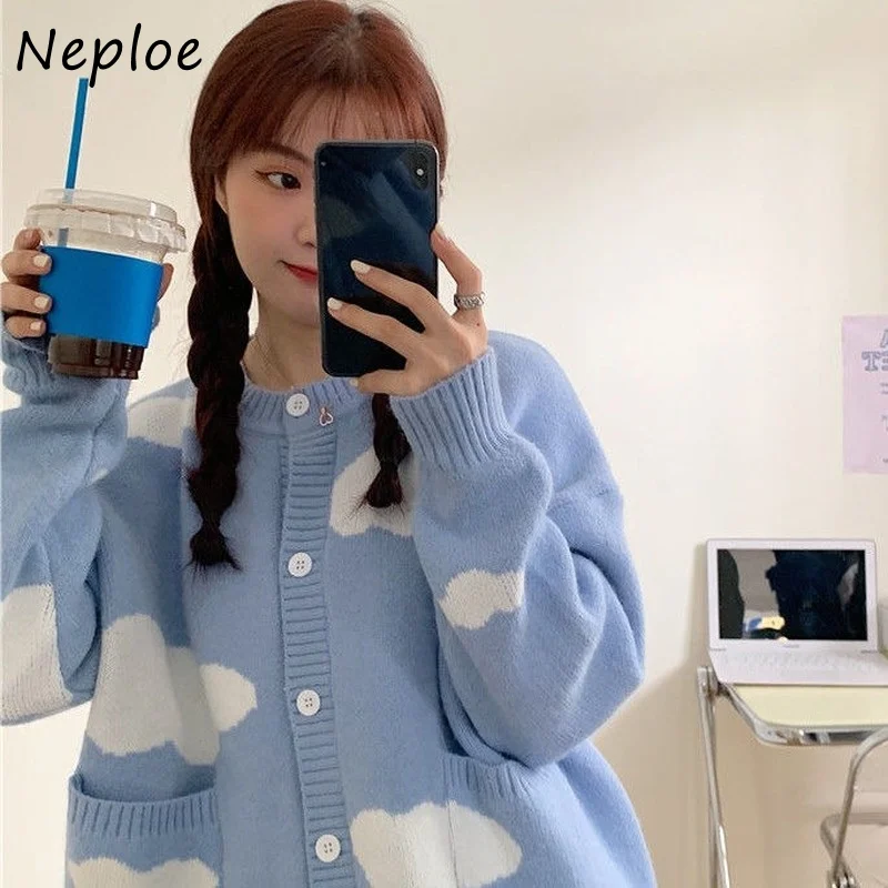 Свитер Neploe в Корейском стиле для студентов Свободный Повседневный однобортный