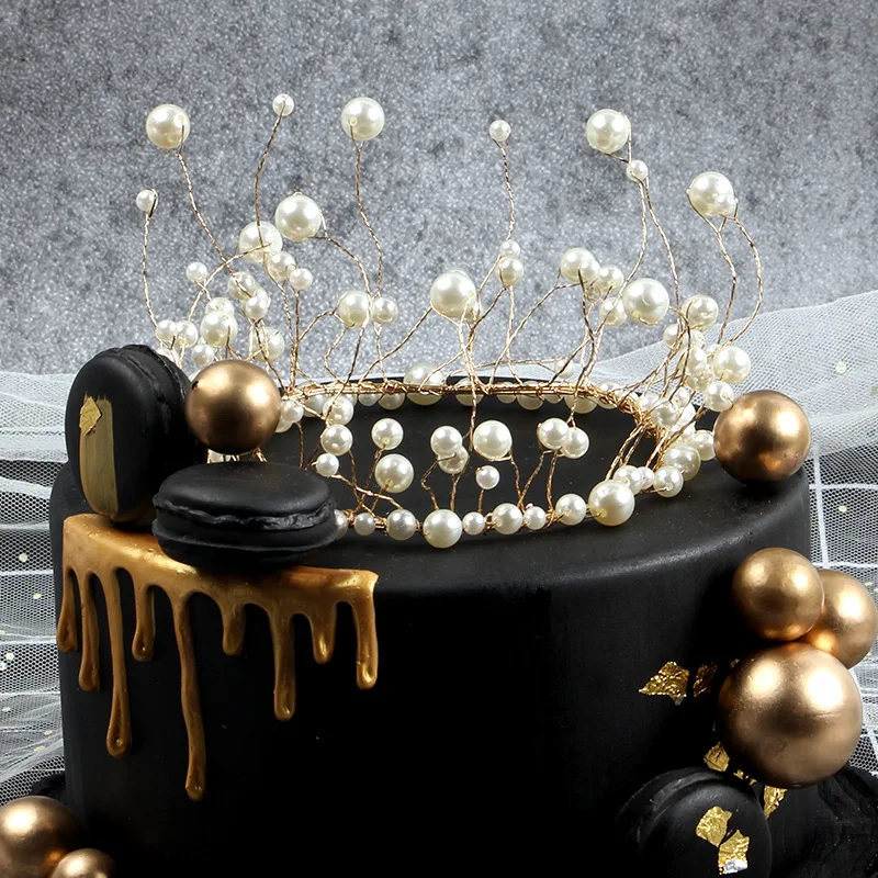 Металлический жемчуг принцесса Корона День рождения торт Топпер Блестящий