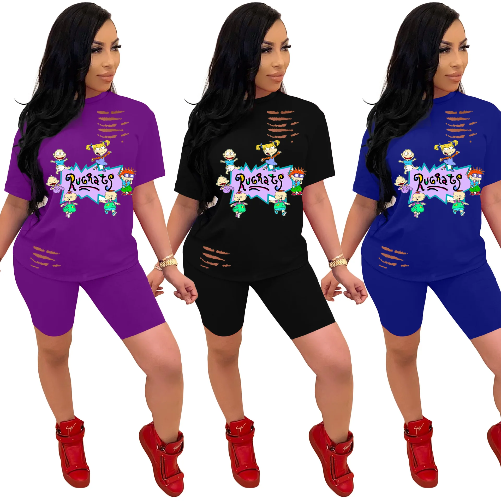 

Women 2020 Matching Sets Cartoon Print T Shirt for Women Outfits Tracksuit Two 2Piece Shorts