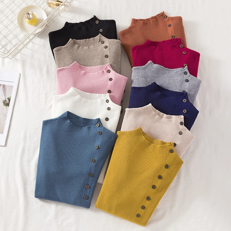 Зимний свитер на пуговицах с высоким воротником Женский однотонный вязаный