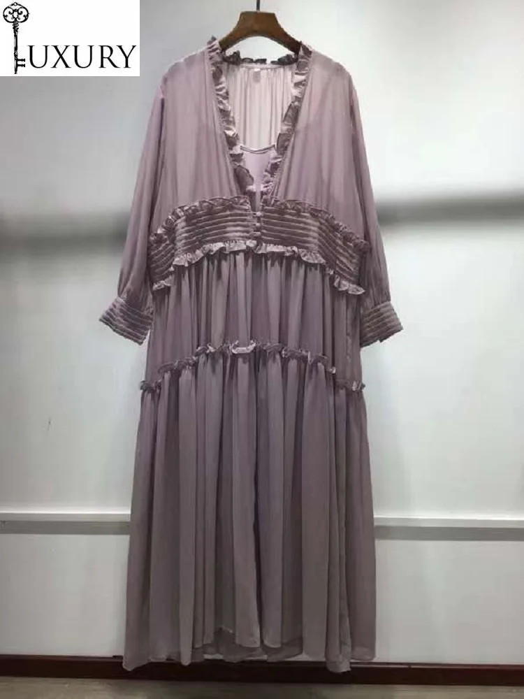 

2020 Autumn Designer Purple Fashion Women Sexy V-Neck Ruffles Flower Deco Long Sleeve Casual Loose Dress Vestidos
