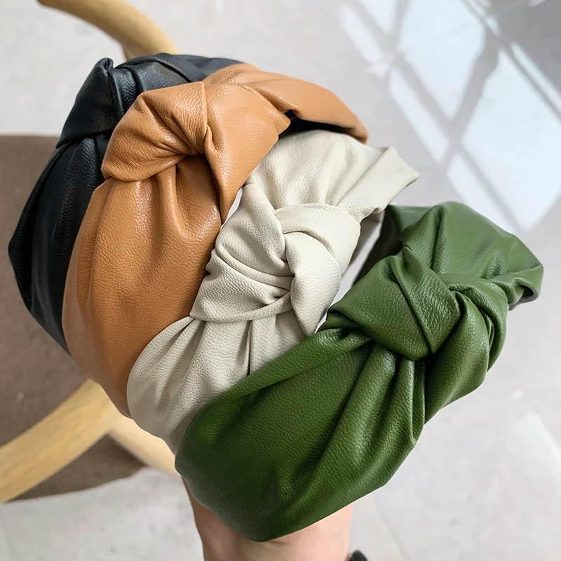 

Solid Color PU Cross Hairband Headband Turban for Women Lady Wide Plastic Hair Hoop Bezel Hair Bands Hair Accessories 2020 New