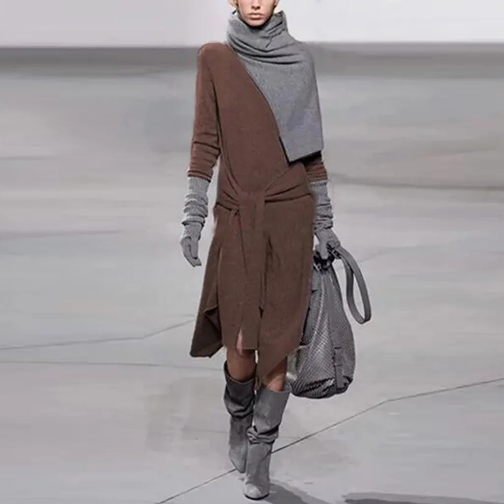 Платье для женщин повседневное одноцветное круглый вырез длинный рукав Осень