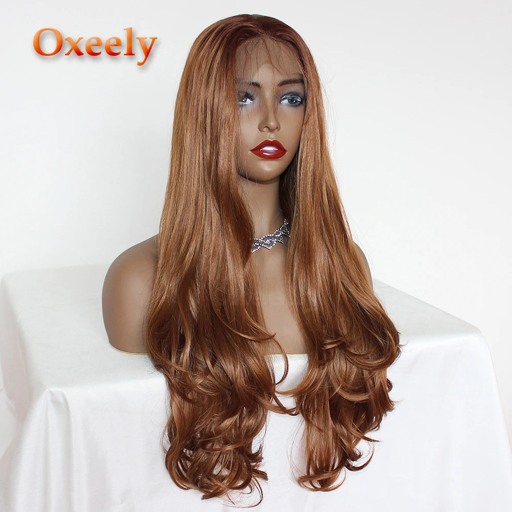 Oxeely, коричневый блонд, парик на кружеве, Омбре, без клея, синтетические парики на кружеве, 33/30, боковая часть, жаростойкие