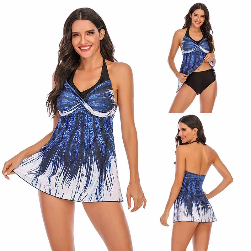 Купальные костюмы размера плюс для женщин с открытой спиной танкини голубого и