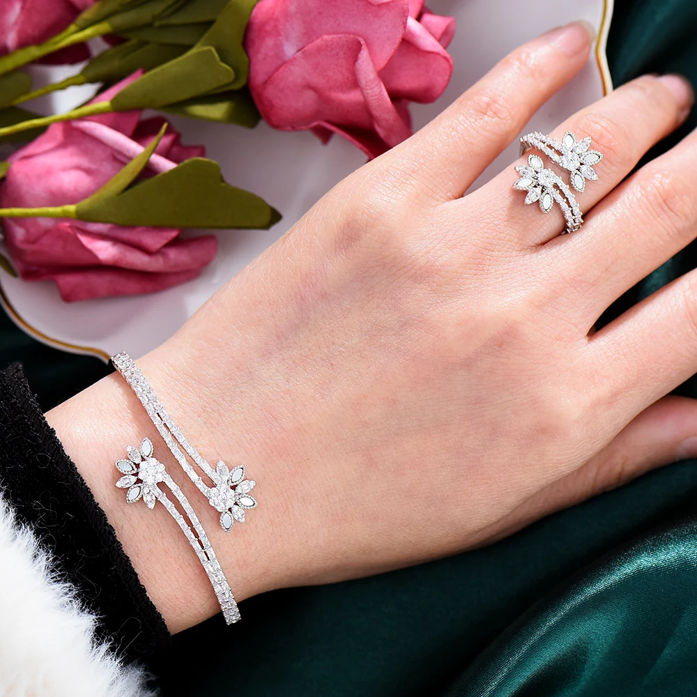 GODKI хип-хоп цветы 2 браслет с несколькими рядами набор колец украшений для женщин