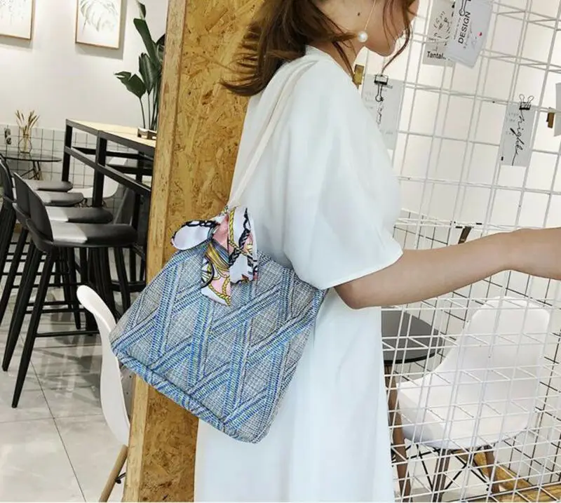 Женская ромбовидная соломенная сумка с лентой ретро Сумочка из ротанга тканые