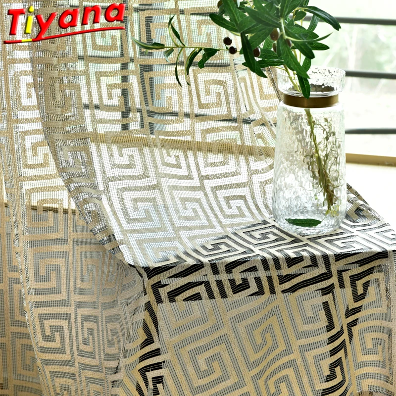 

Chinese Geometry Jacquard Yarn Curtains for Living Room Golden/Coffee/White Hollow Yarn Drapes for Bedroom Balcony #VT