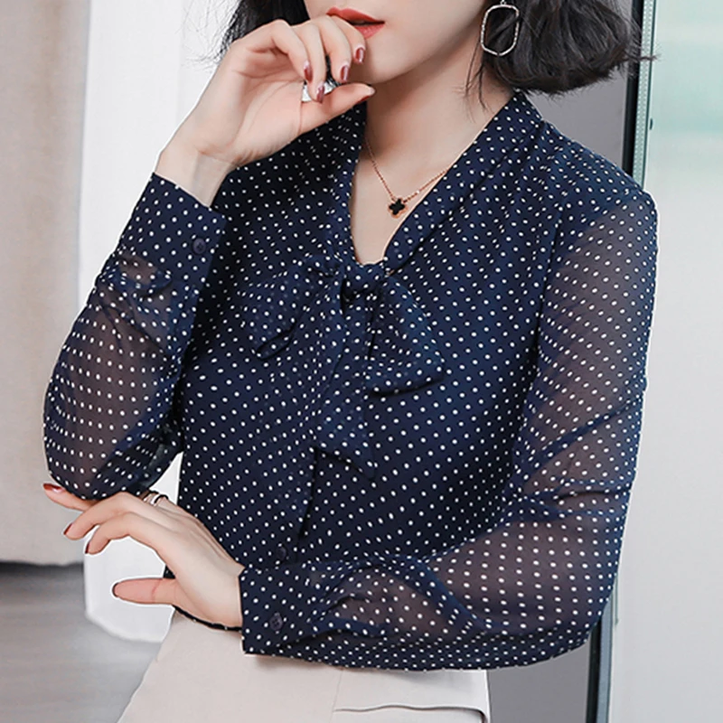 

Long Sleeve Women Shirts Fashion Blue Dot Print Chiffon Blouse Shirt Womens Tops and Blouses Bow Collar Office Blouse