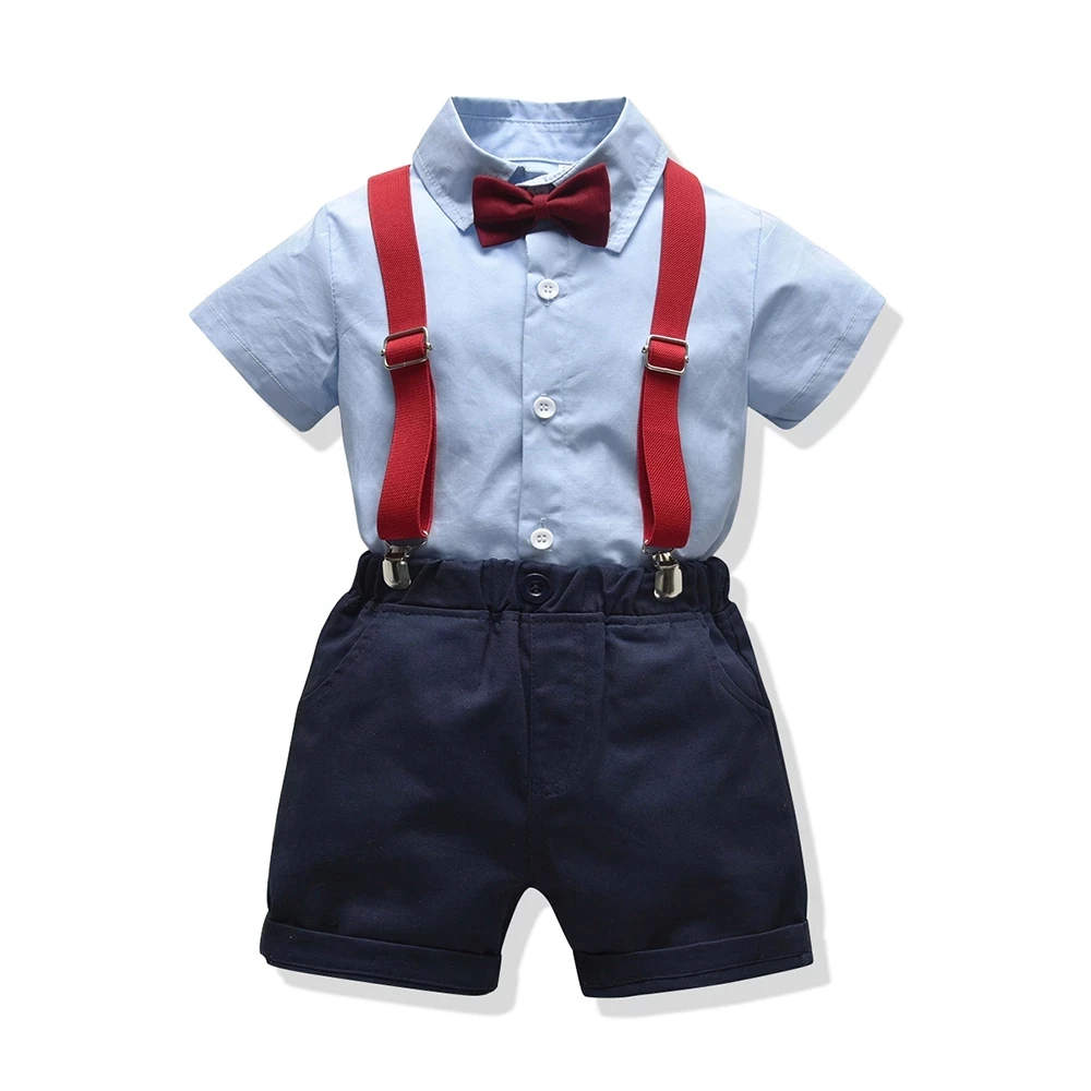 Baby Boy Toddler Formal Outfit Cotton Clothes Boys Suit Summer Blue Shirt+Shorts With Belt Baby Clothing Set 1 2 3 4 5 6 Years