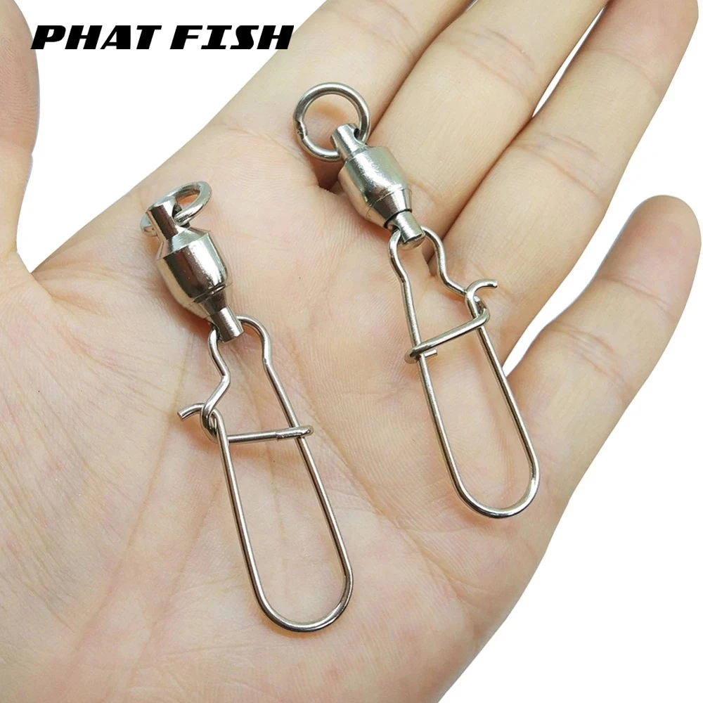 PHAT FISH 50pcs Copper Ball Bearing Swivels with Stainless Steel Nice Snaps Line Lures Connecters Up 100kg Fishing Accessories