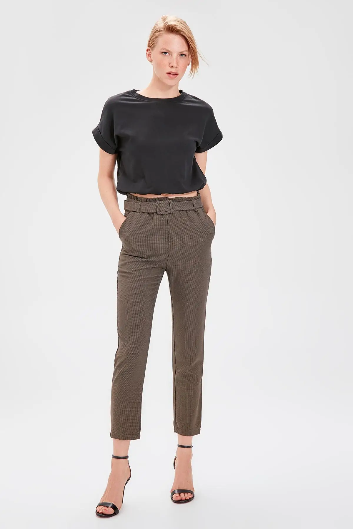 Trendyol хаки гусиный столб узорные брюки TWOAW20PL0297