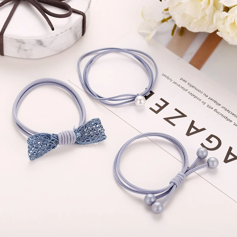 3 шт./компл. женские резинки для волос с бантом искусственные жемчугом синего