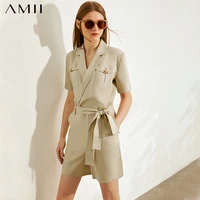 amii minimalist women jumpsuit fashion lapel half sleeve solid slim with belt elegant female rompers 12040153