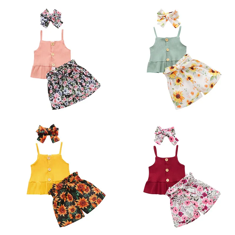 

Three Piece Baby Girl Clothes Fresh Solid Color Sling Button Tops Vest and Flower Bandage Shorts Pants Headband Newborn Suits