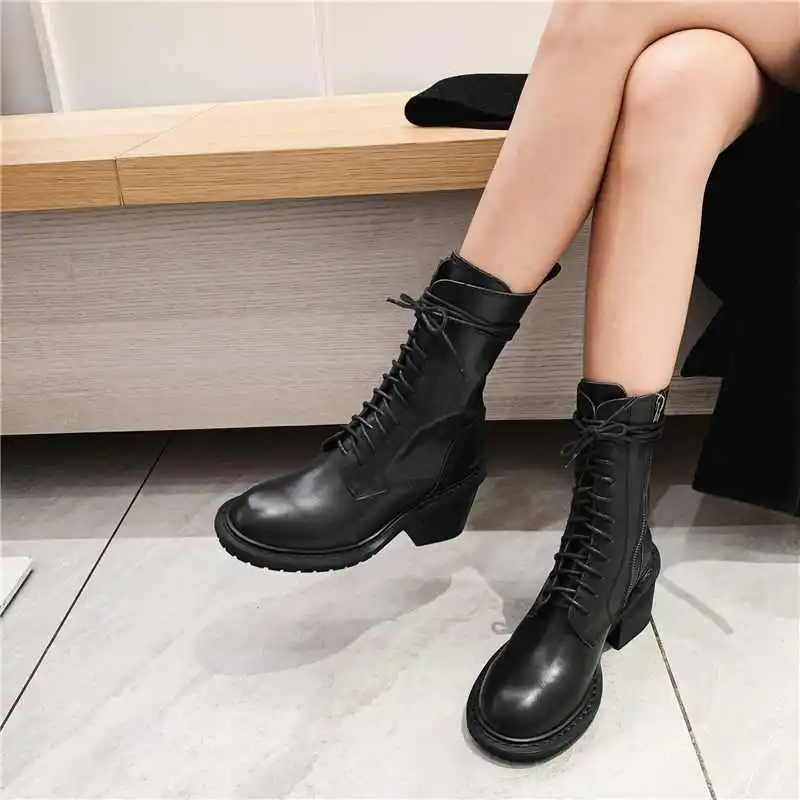 

Lenkisen vintage fashion brand cow leather round toe high heels lace up daily wear keep warm black colors zip mid-calf boots L99
