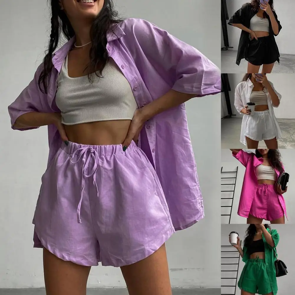 

2021Set Top Shorts Set Solid Color Drawstring Summer Single-breasted Lapel Office Lady Outfit Streetwear Loose Casual Fashion