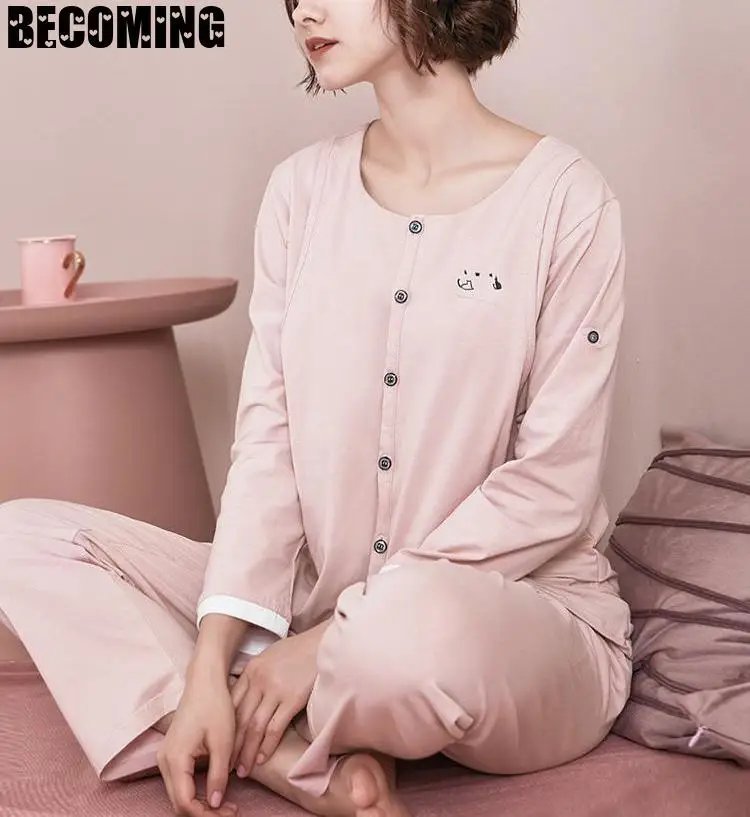 Халат для беременных Пижама из хлопка с длинными рукавами Комплект одежды сна