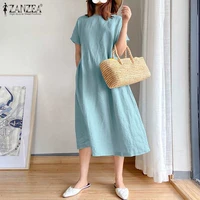 women elegant solid vestido zanzea fashion short sleeve robe casual daily cotton a line dresses 2021 summer midi dress