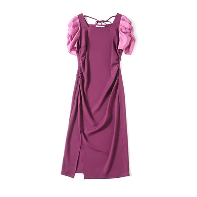 

High quality summer women dress femme Leisure holiday fashion streetwear female Short sleeve O-neck split purple Retro Slim