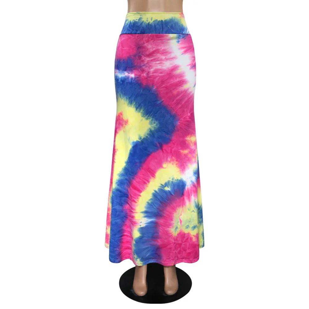 

Summer Plus Size Long Printed Flare Hem Casual Fold over Waist Tie Dye Maxi Skirts For Women