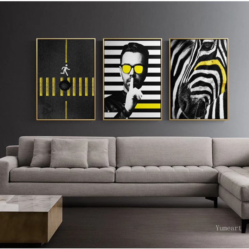 

Modern Man and Zebra Poster Prints Wall Art Canvas Modilar Painting Yellow Nordic Style Decorative Picture For Living Room decor