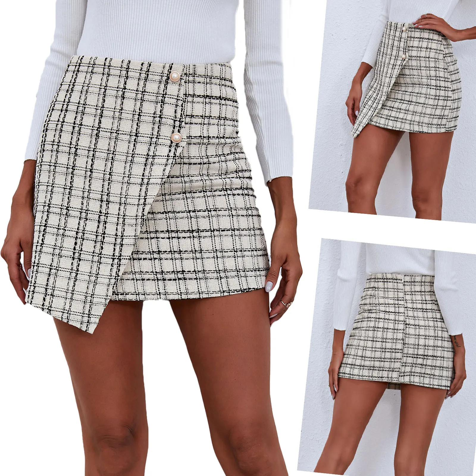 

Women's Fashion Vintage High Waist A-line Slim Mini Skirt Casual Irregular Hem Mid Waist Above Knee Plaid Print Short Wrap Skirt