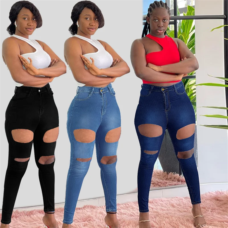 

2022 Fashion Sexy Women's High Waist Slim Jeans Ladies New Style Ripped Denim Pants Girly Skinny Stretch Narrow Leg Trousers
