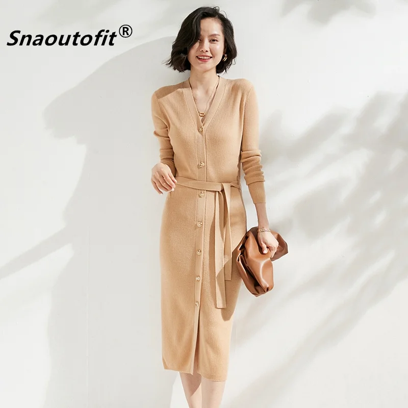 

Snaoutofit Mid-Length Ladies100 Pure Wool Cardigan Dress Spring And Autumn Lace-Up Waist Knee-High V-Neck Knitted Sweater Overco