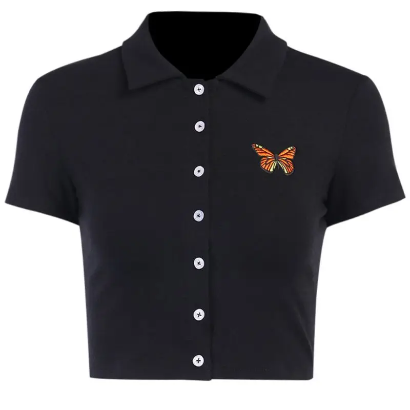 Укороченный топ с коротким рукавом и отворотом в стиле ретро|Футболки-поло| |