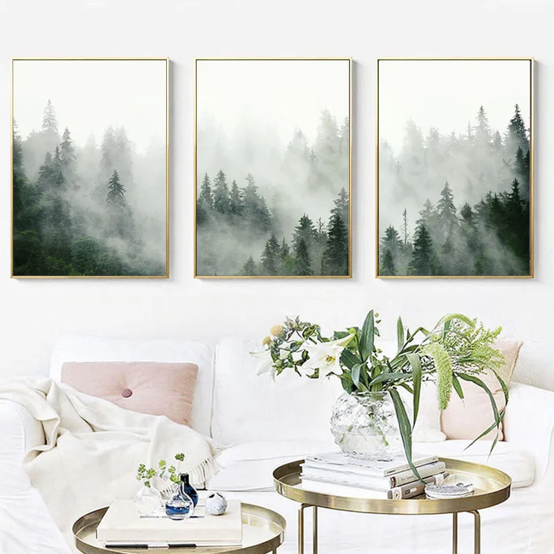 

Foggy Forest Canvas Painting Landscape Posters Prints green tree Wall Art Pictures for Living Room Home Decoration Wall Decor
