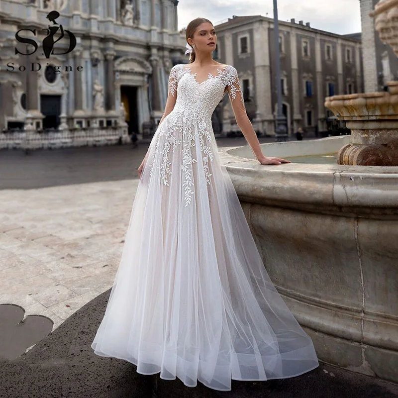 Купи SoDigne Beach Wedding Dress 2022 Lace Appliques Long Sleeves Tulle Bridal Dress White/ivory Vintage Women Wedding Gowns за 5,500 рублей в магазине AliExpress