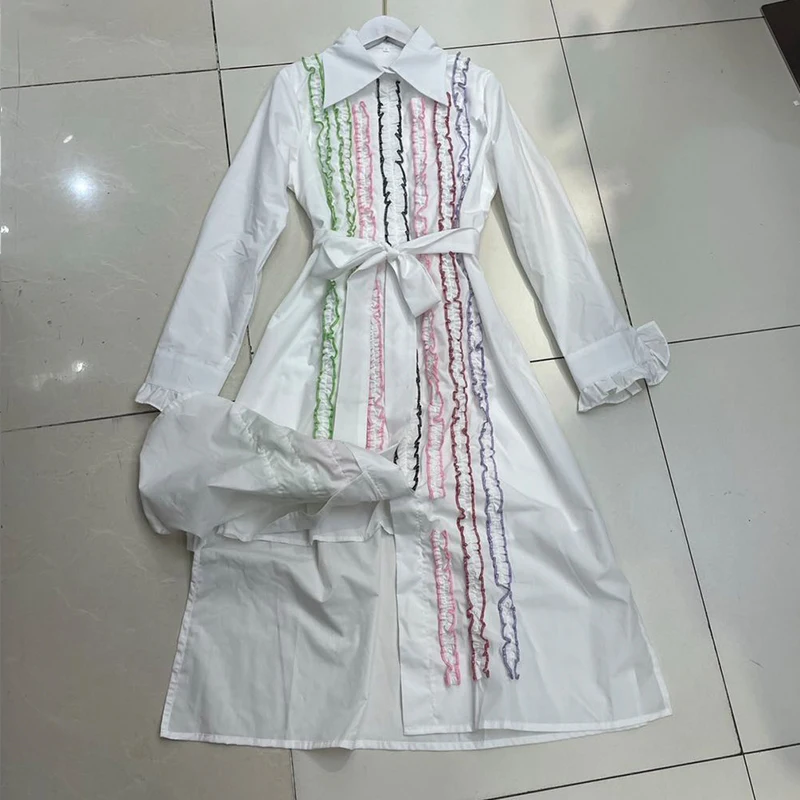 

Fresh Preppy Style Long-Sleeved Shirt Dress Lady Ruffles Single-Breasted Stitching White Maxi Dress 2021 Summer Women's Clothing