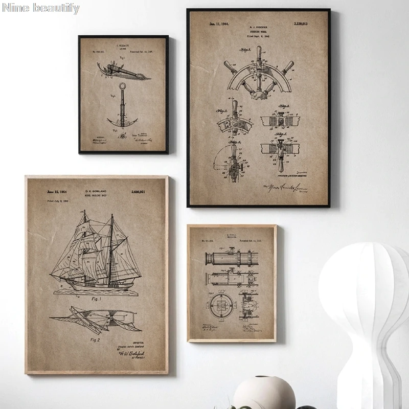 Винтажный корабль парусный патент Холст Картина плакаты морской стены Искусство