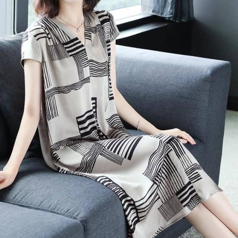 

2022 Summer Faux Mulberry Silk Midi Dress Short Sleeve Vintage Plus Size Print Elegant Women Bodycon Party Dresses Vestidos X50