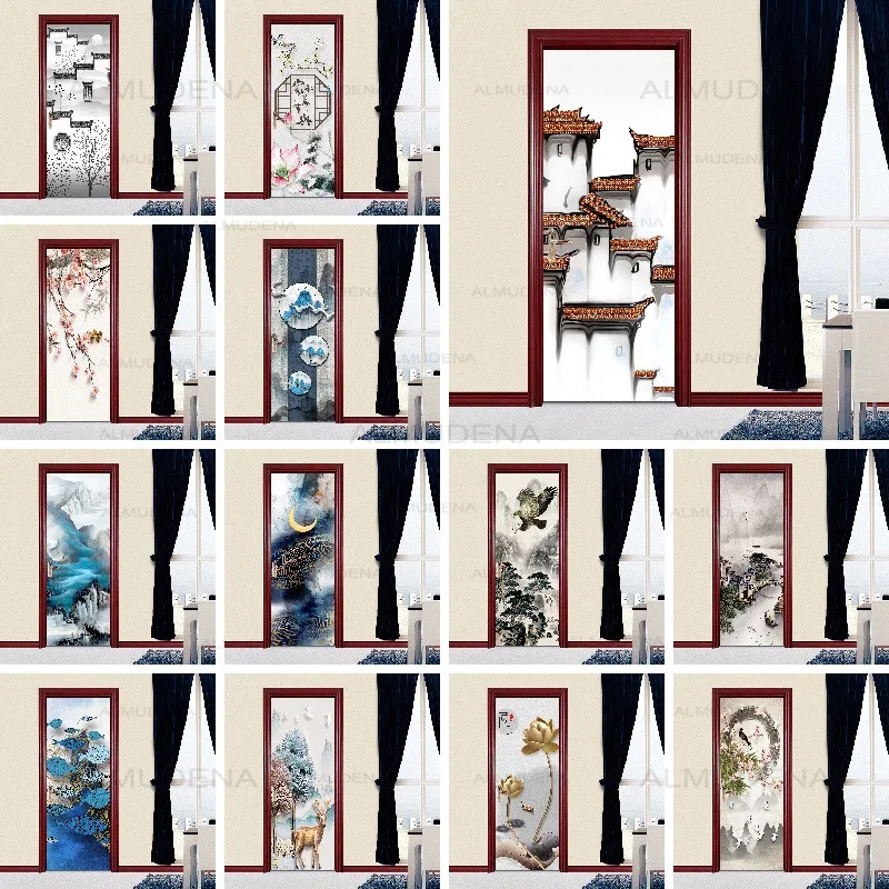 

3D Decals Mural Chinese Style Flowers Landscape Door Sticker Diy Selfadhesive Waterproof Poster for Print Art Picture Home Decor