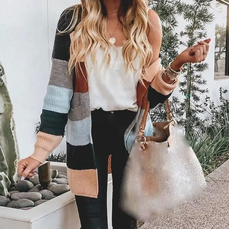 2019 Autumn Winter Hit Color Knitted Cardigans Open Stitch Female Long Sleeve Patchwork Front Striped Sweater Women Coat |