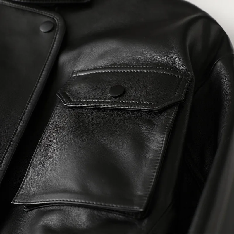 Women's Stand Collar Black High Quality Sheepskin Jacket Loose Medium Length Spring 2021 New Real Leather Coat with Pockets