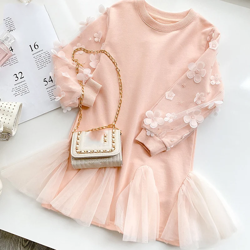 

Платье для девочек, осеннее платье-свитшот с длинным рукавом, новое милое Сетчатое платье принцессы с цветочным принтом, детская одежда