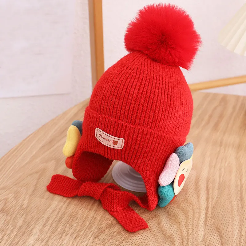 

2021 New Baby Flower Knit Hat Cotton Lining Keep Ears Warm Cap Girls Beanies Child Autumn Winter Ear Protection Caps Fit 1-5T