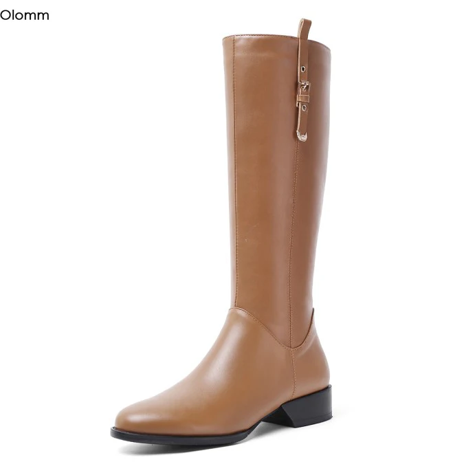 

Женские кожаные ботинки до середины икры Olomm, коричневые или черные вечерние ботинки на низком квадратном каблуке с круглым носком, большие ...