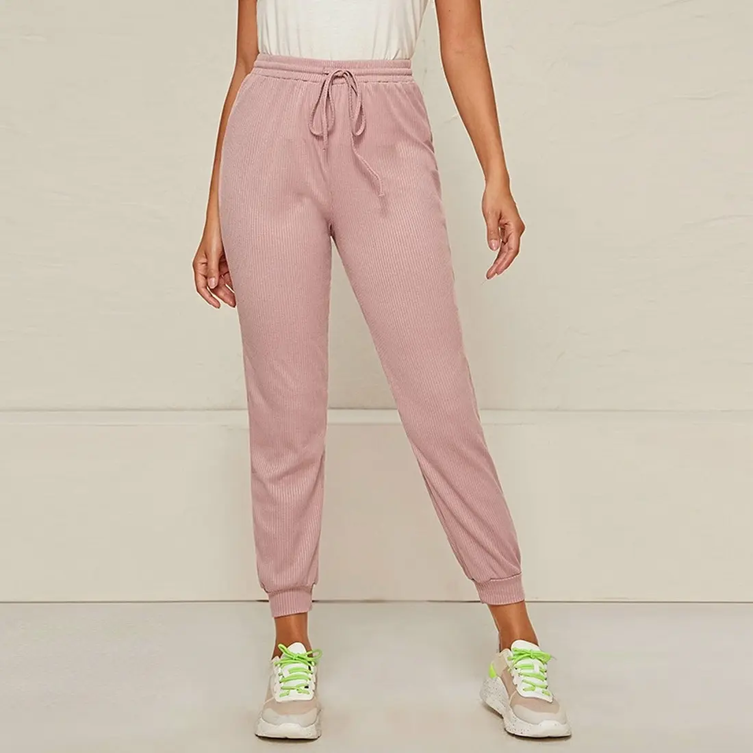 

Women High Waist Pant Solid Beige Loose Joggers Female Trousers 2020 Autumn Winter Chic Track Pants Capris Sweatpants