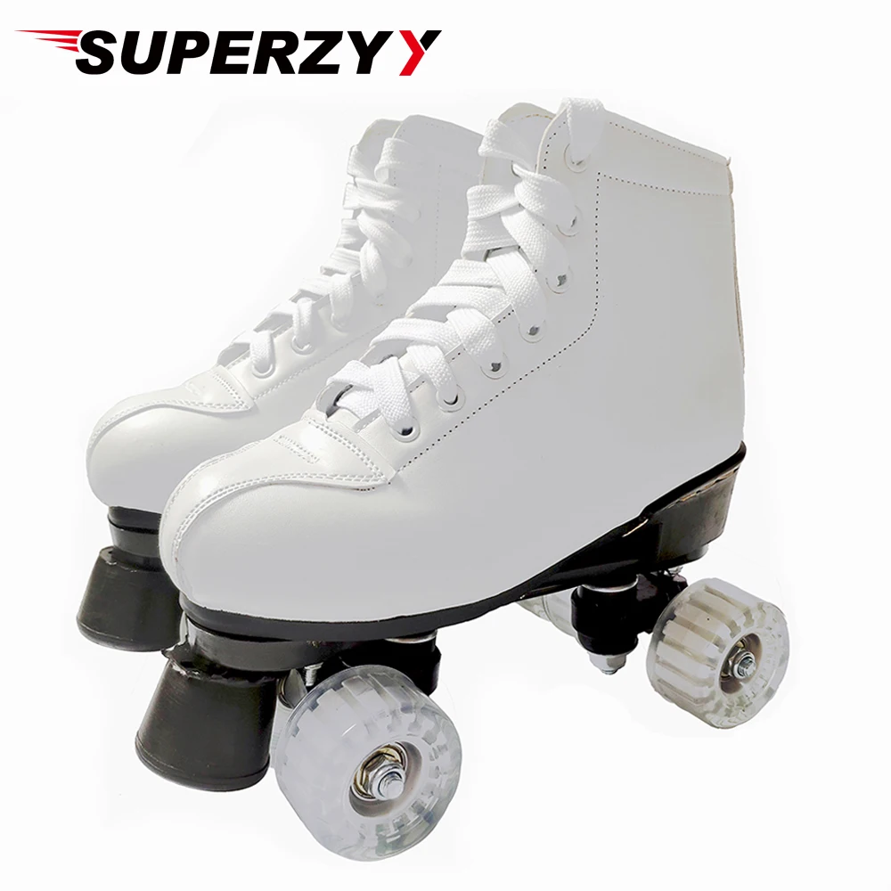 Double Row Roller Skates Shoes Womam Men Adult Artificial Leather Outdoor Patins With Transparent PU Wheels